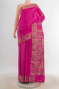 Pure Silk Rose pink Baluchari Saree with Thread Butta on the body and Silk Border.  displayed on a mannequin