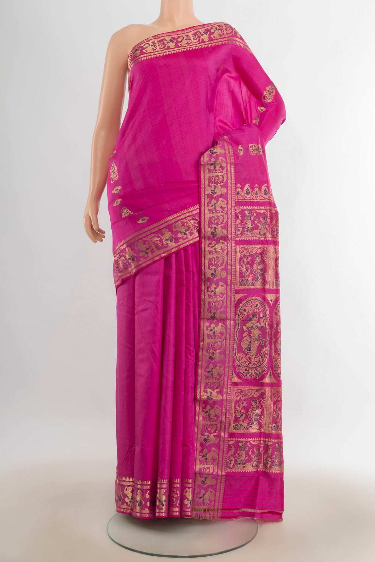 Pure Silk Rose pink Baluchari Saree with Thread Butta on the body and Silk Border.  displayed on a mannequin