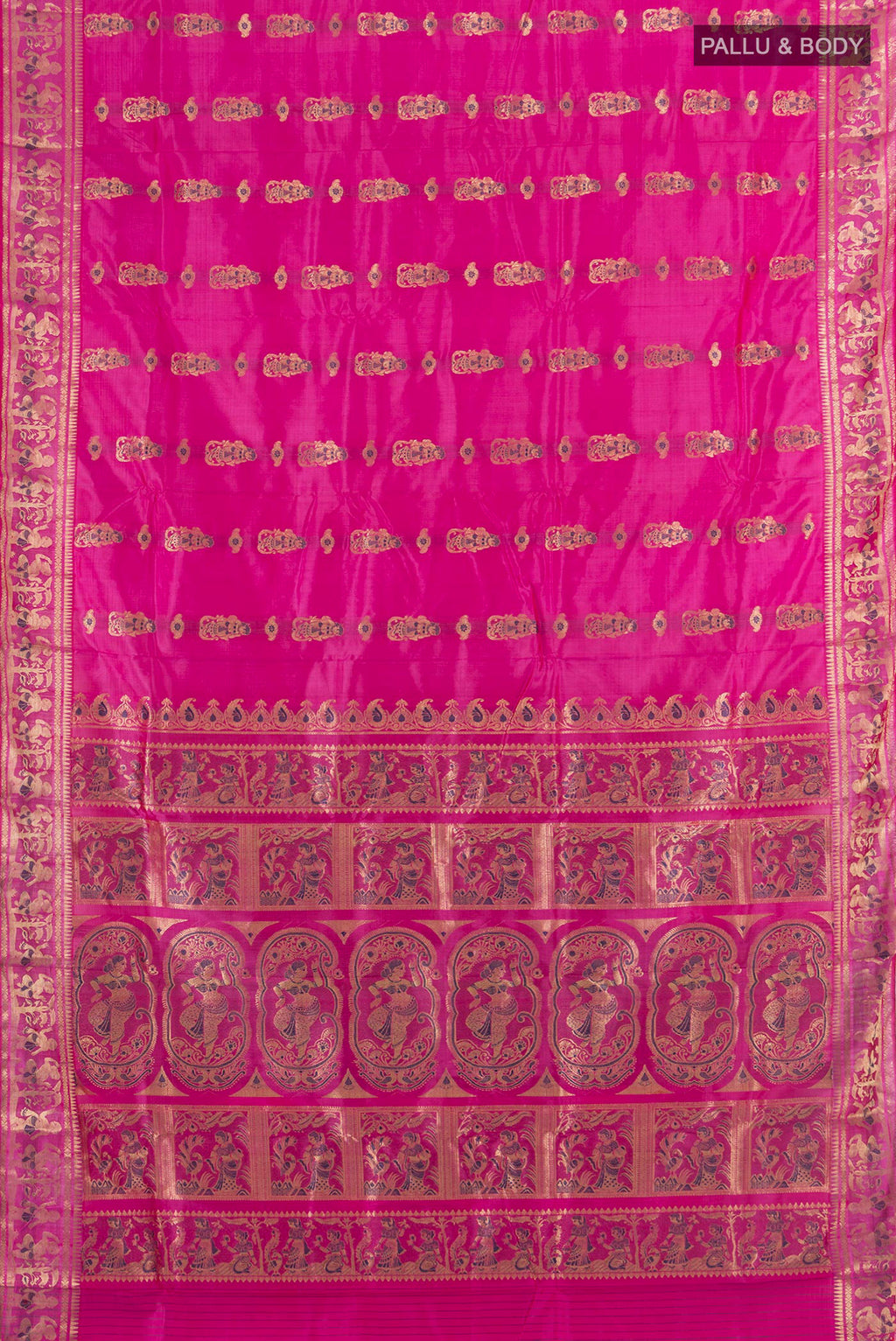 Flat view of Pure Silk Rose pink Baluchari Saree with Thread Butta on the body and Silk Border. 