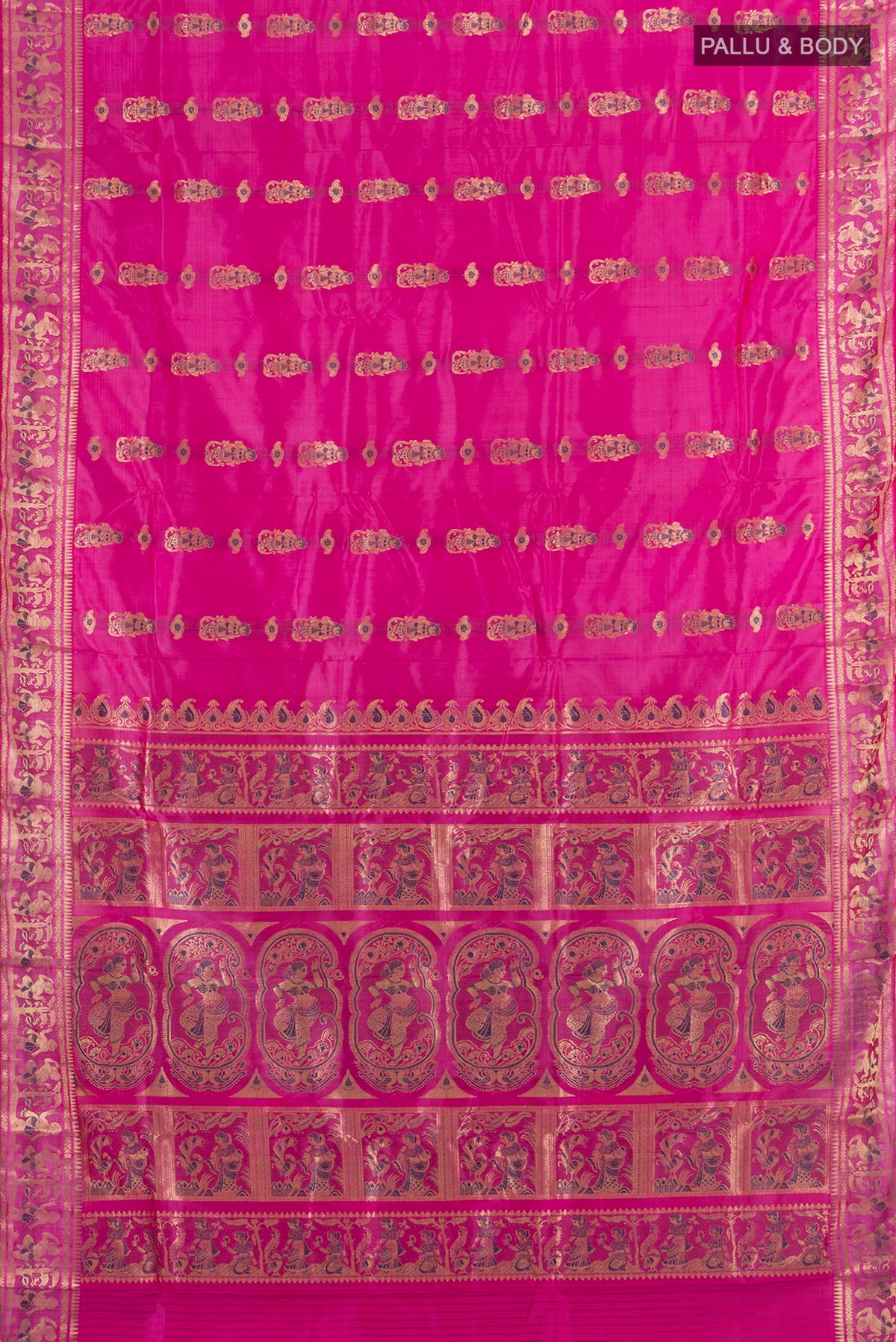 Flat view of Pure Silk Rose pink Baluchari Saree with Thread Butta on the body and Silk Border. 