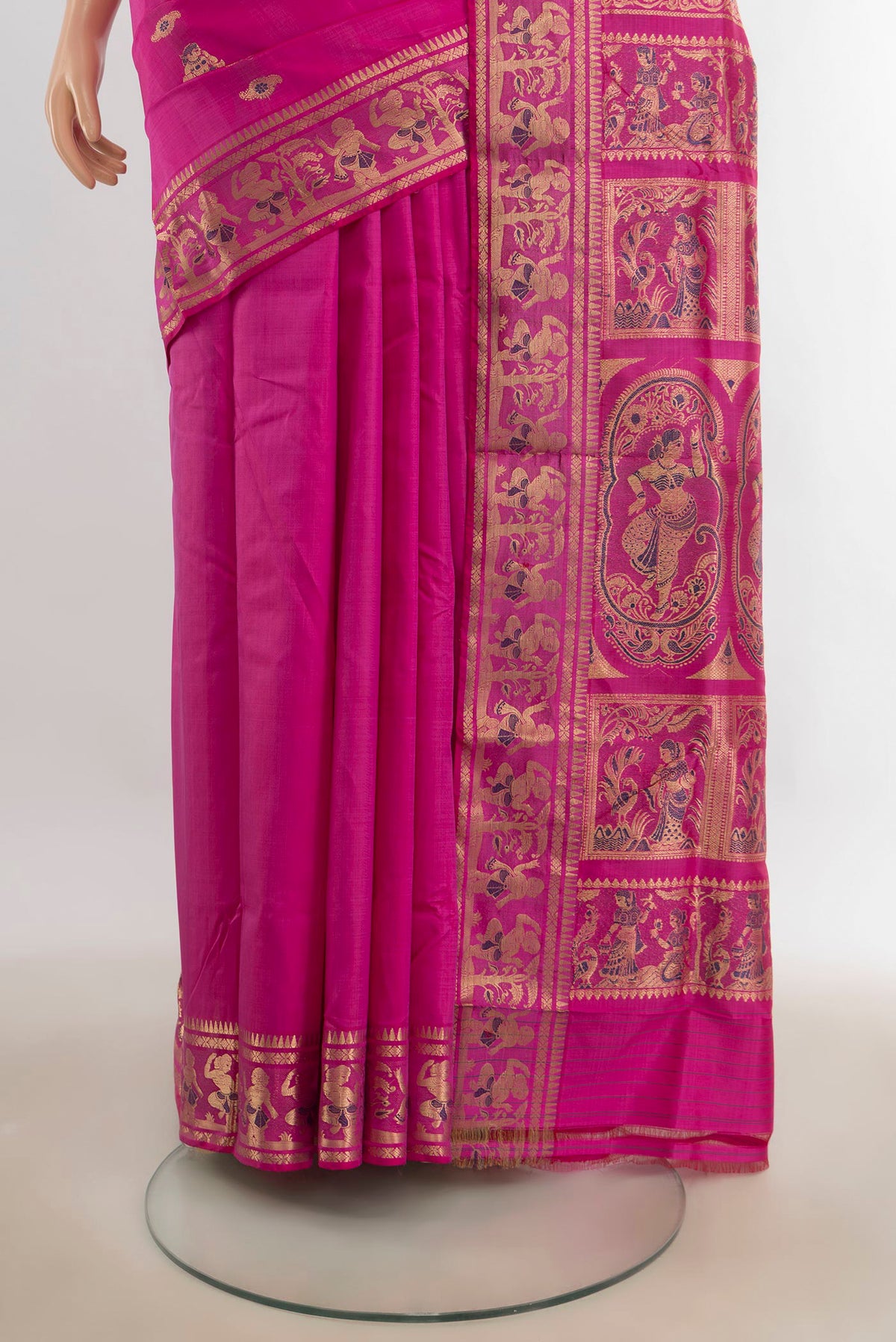 Pleats and pallu of Pure Silk Rose pink Baluchari Saree with Thread Butta on the body and Silk Border. 