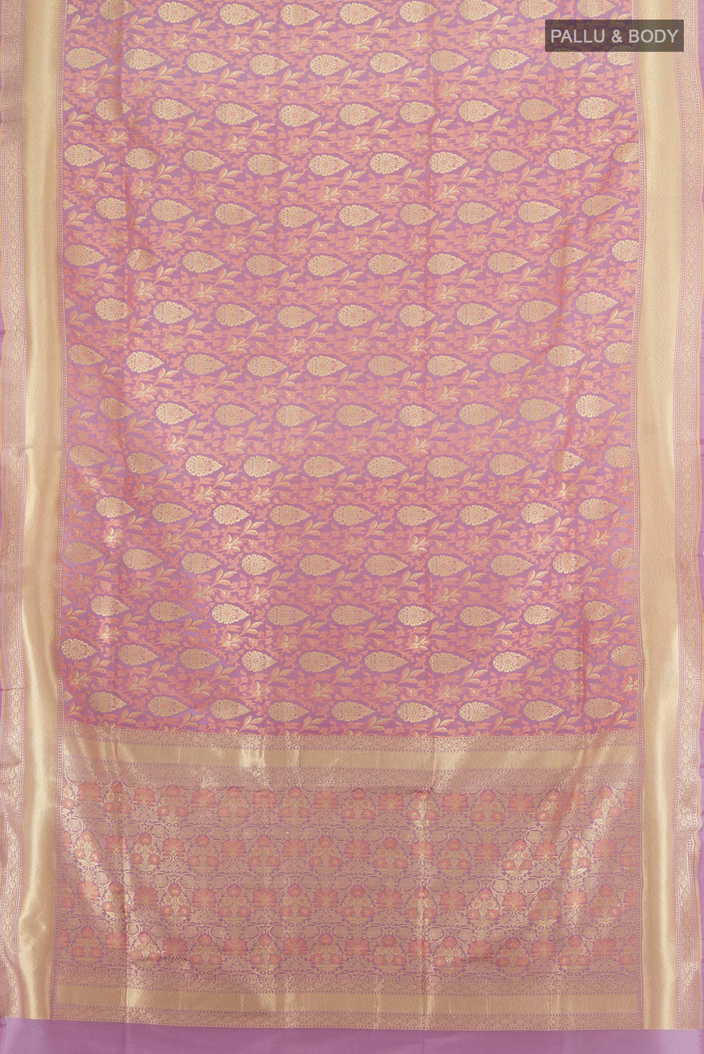 Flat view of Pure Silk Bronze Banarasi Saree with Zari Butta on the body and Silk Border. 
