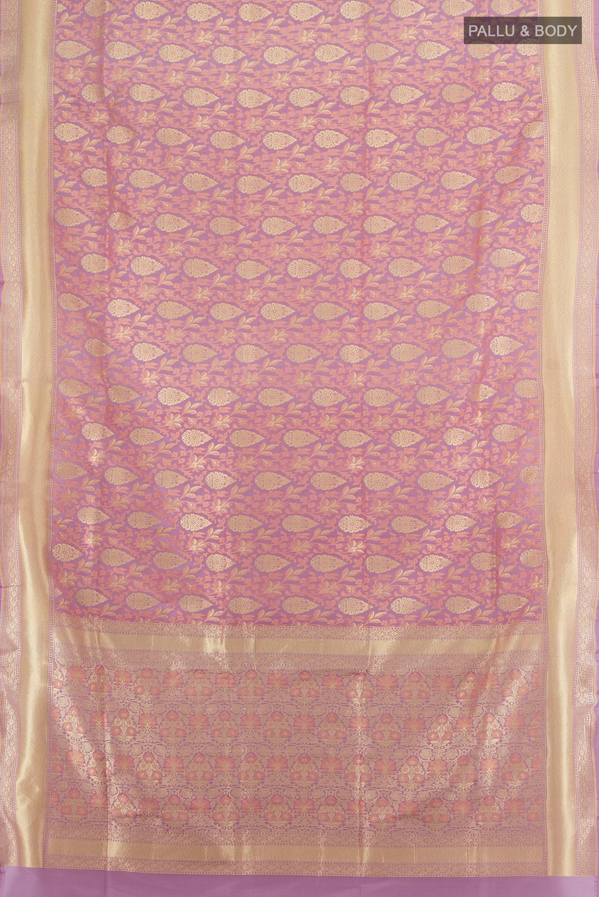 Flat view of Pure Silk Bronze Banarasi Saree with Zari Butta on the body and Silk Border. 