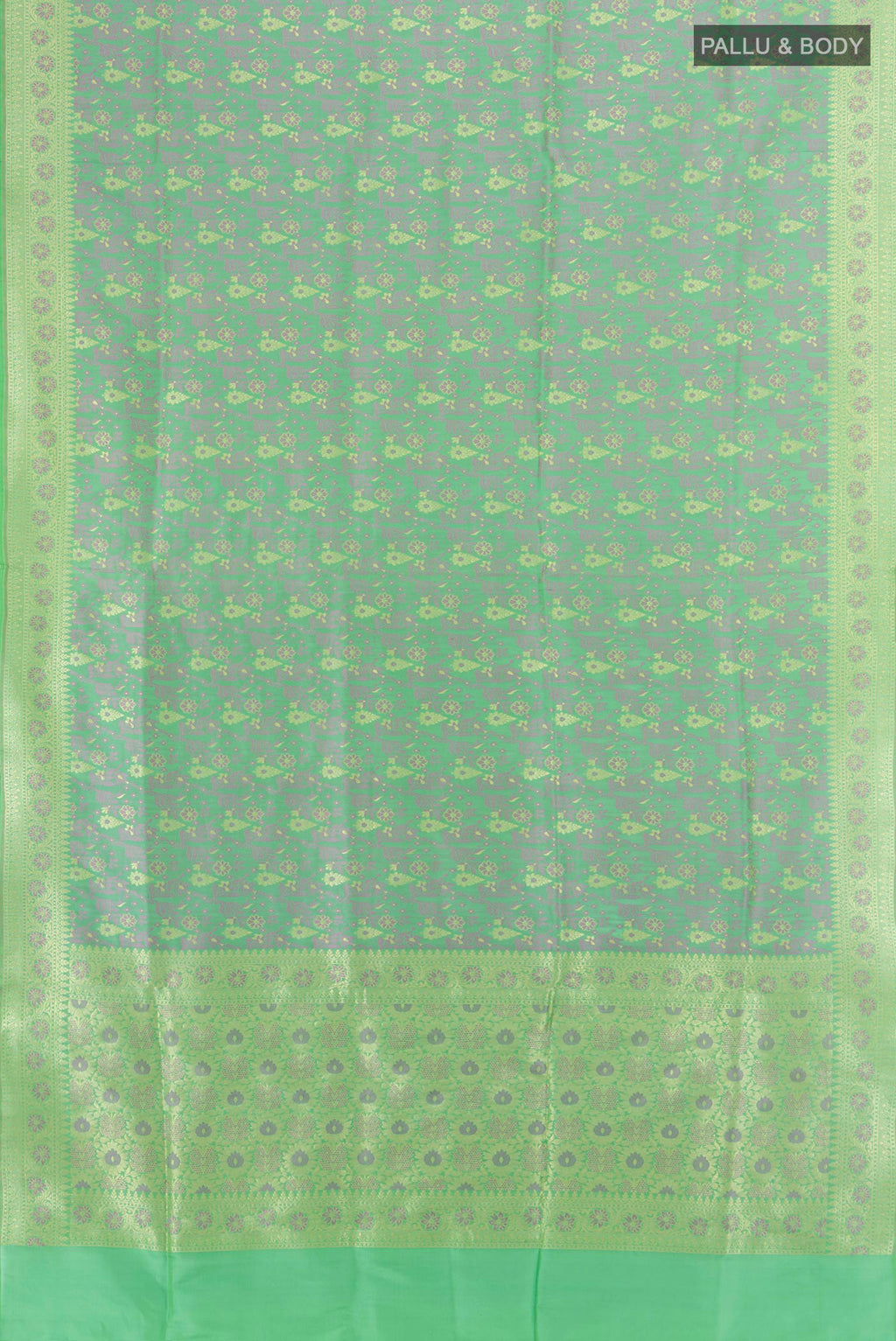 Flat view of Pure Silk Multi Color Banarasi Saree with Thread Butta on the body and Silk Border. 
