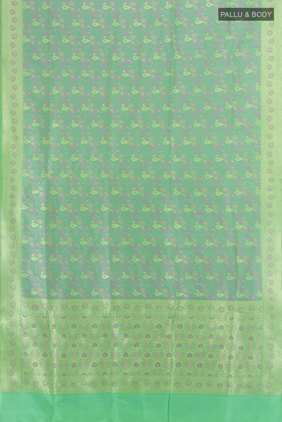 Flat view of Pure Silk Multi Color Banarasi Saree with Thread Butta on the body and Silk Border. 