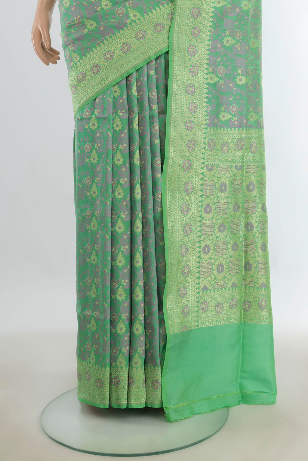 Pleats and pallu of Pure Silk Multi Color Banarasi Saree with Thread Butta on the body and Silk Border. 