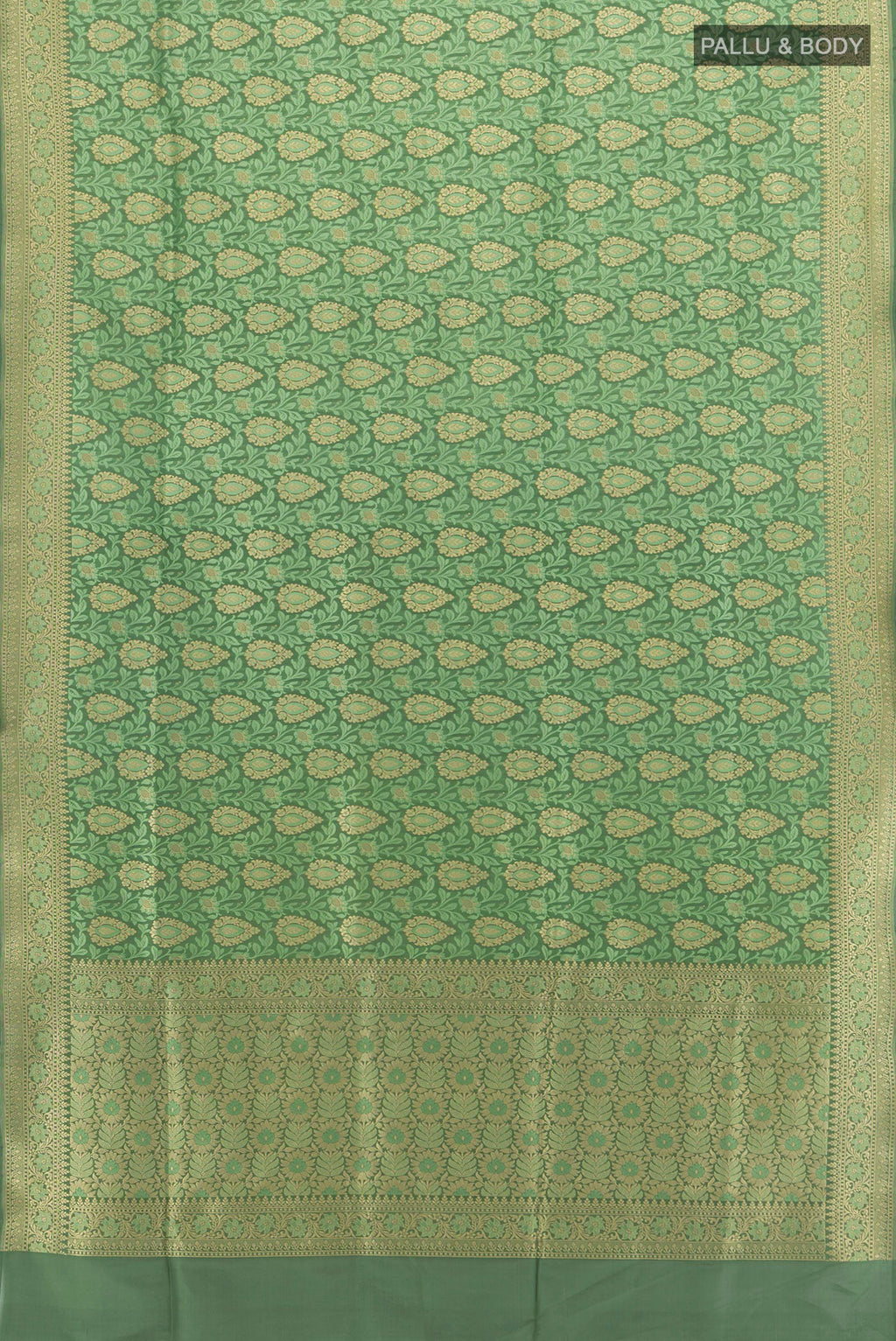 Flat view of Pure Silk Green Banarasi Saree with Zari Brocade on the body and Zari Border. 
