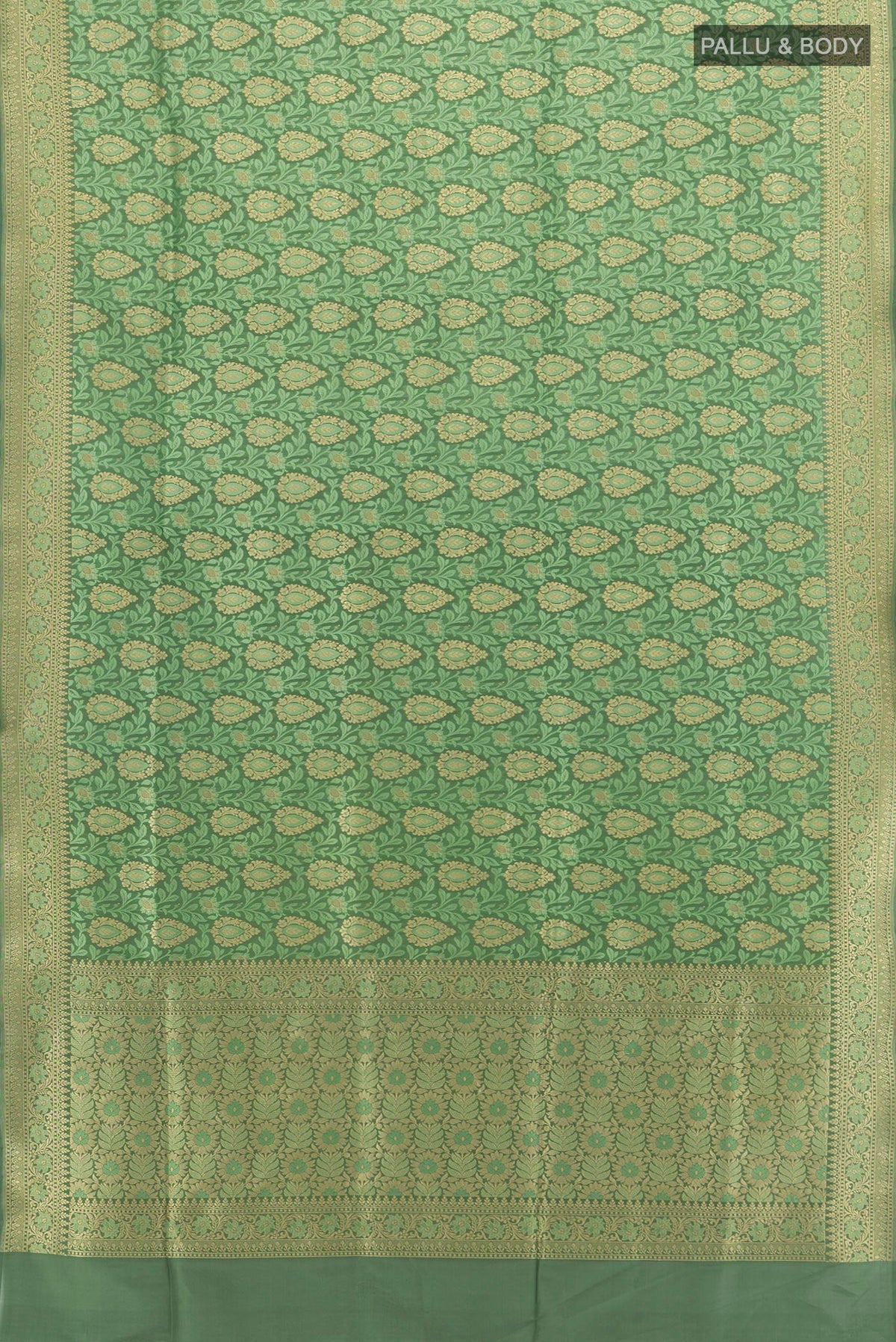 Flat view of Pure Silk Green Banarasi Saree with Zari Brocade on the body and Zari Border. 