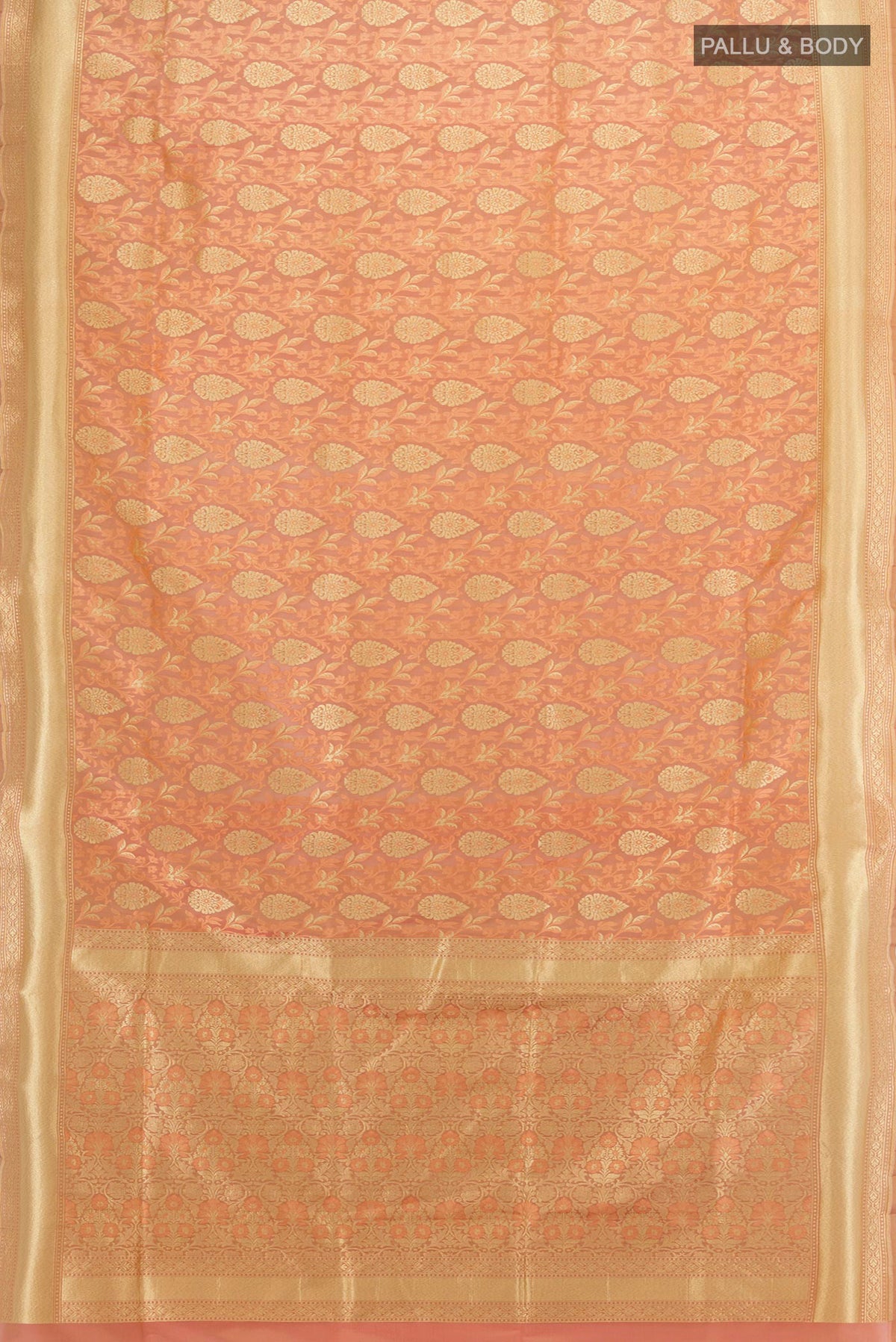 Flat view of Pure Silk Peach Banarasi Saree with Jacquard With Zari Butta on the body and Zari Border. 