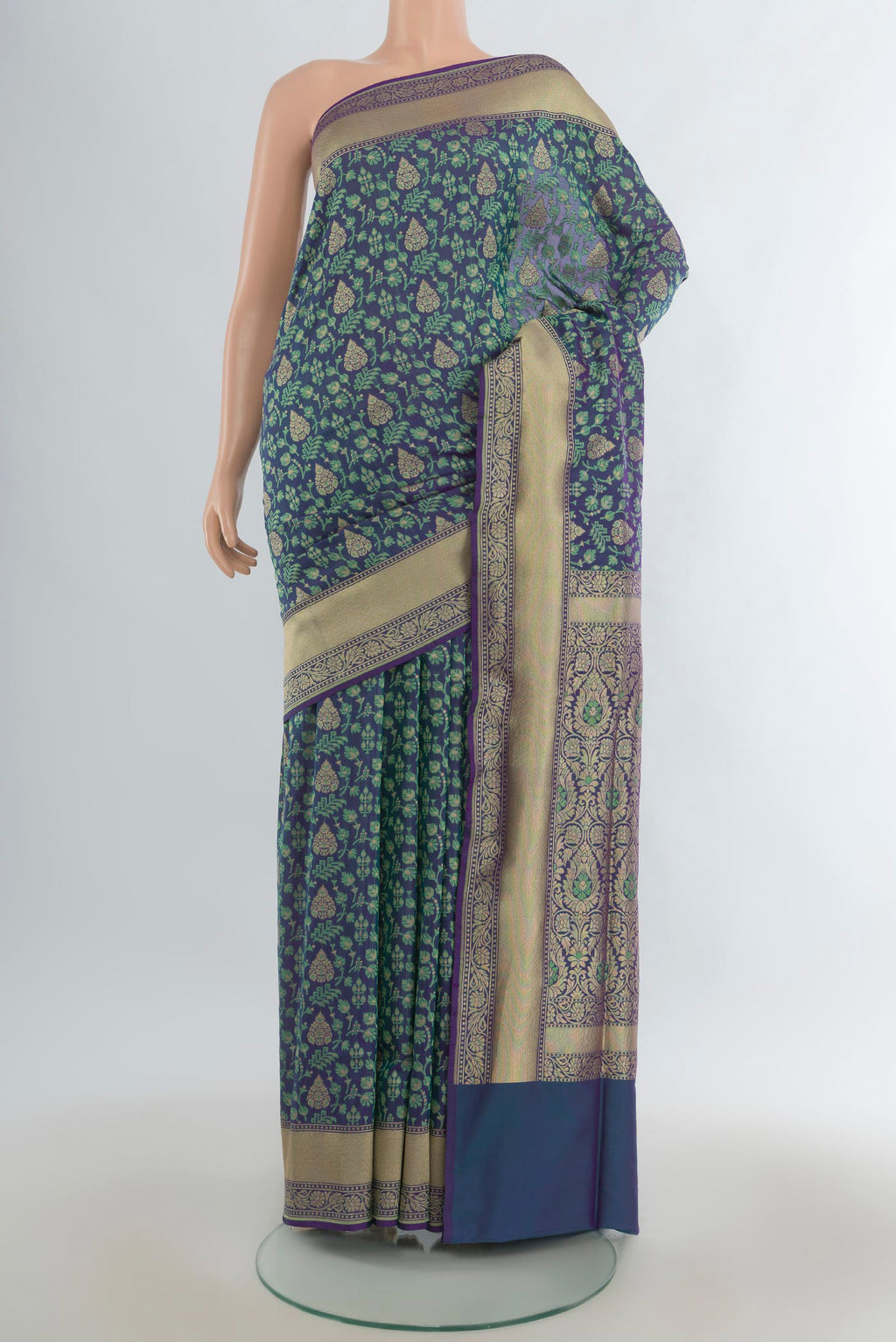 Pure Silk Multi Color Banarasi Saree with Jacquard With Zari Butta on the body and Zari Border.  displayed on a mannequin