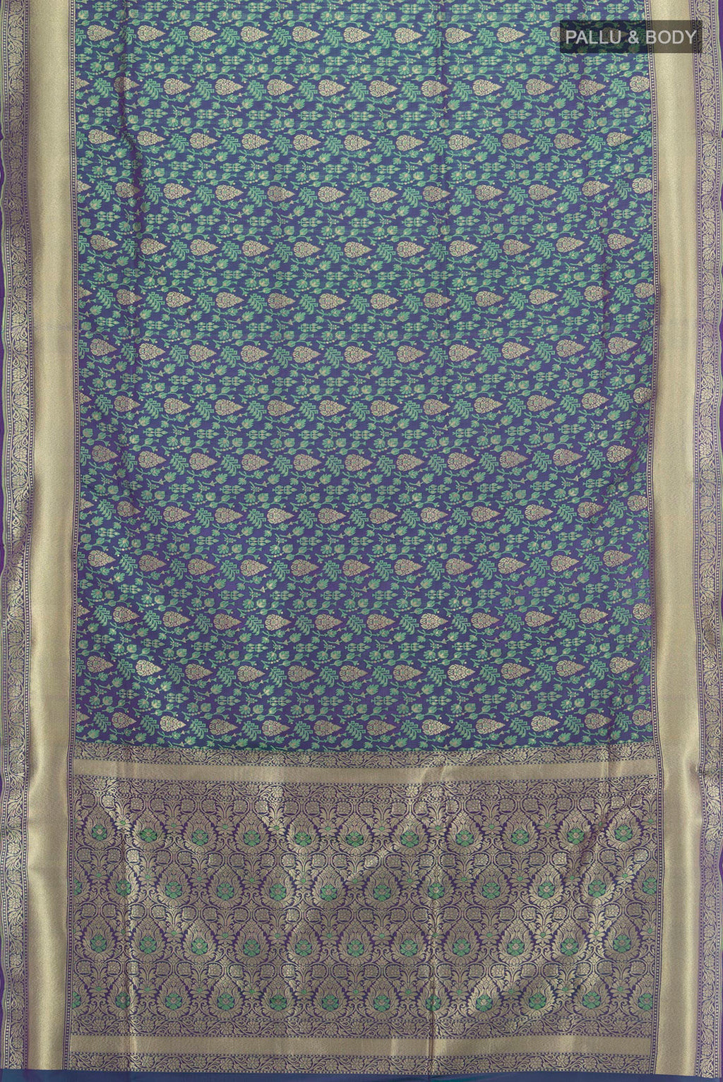 Flat view of Pure Silk Multi Color Banarasi Saree with Jacquard With Zari Butta on the body and Zari Border. 
