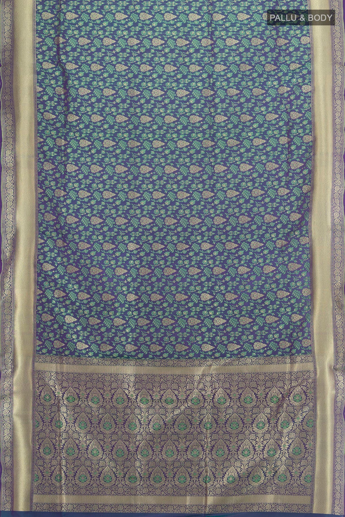 Flat view of Pure Silk Multi Color Banarasi Saree with Jacquard With Zari Butta on the body and Zari Border. 