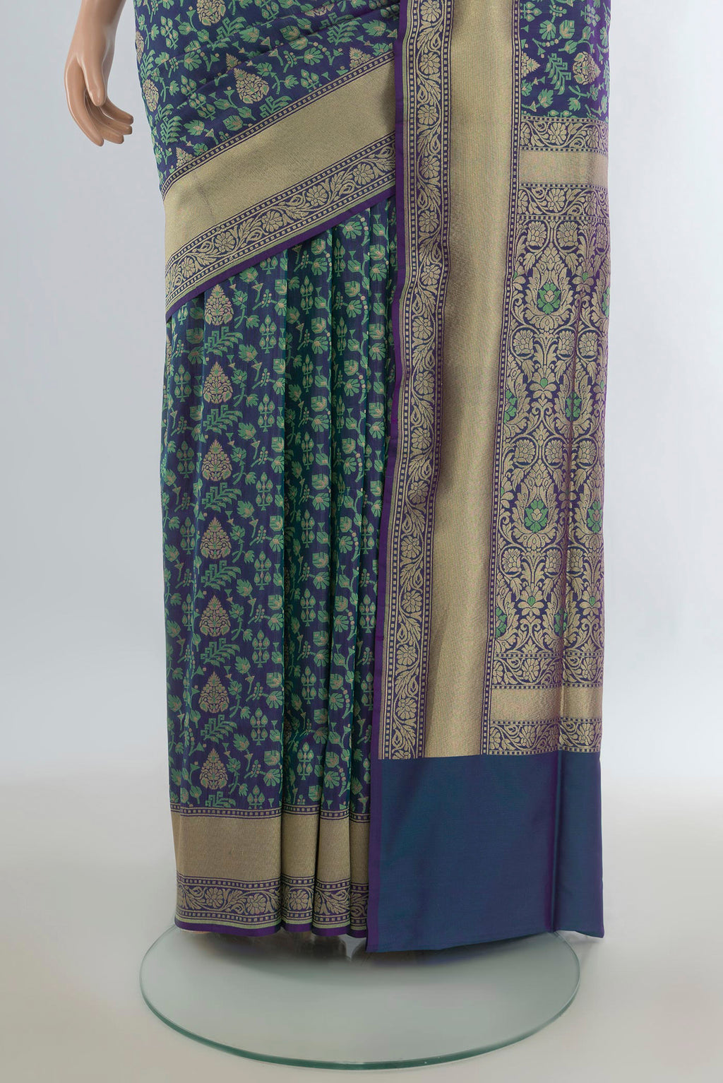 Pleats and pallu of Pure Silk Multi Color Banarasi Saree with Jacquard With Zari Butta on the body and Zari Border. 