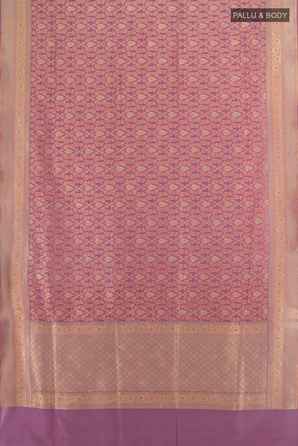 Flat view of Pure Silk Multi Color Banarasi Saree with Thread Butta on the body and Silk Border. 