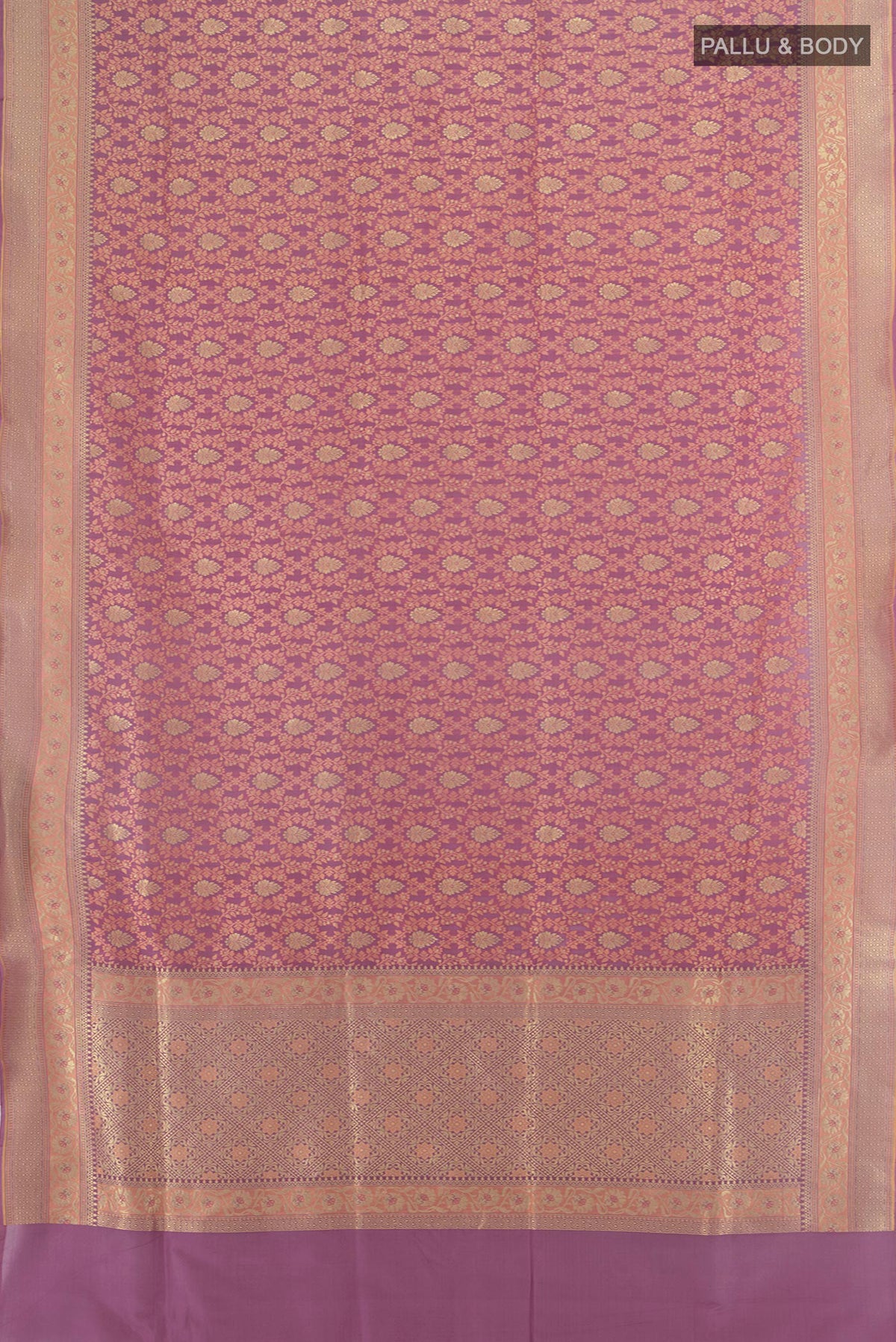 Flat view of Pure Silk Multi Color Banarasi Saree with Thread Butta on the body and Silk Border. 