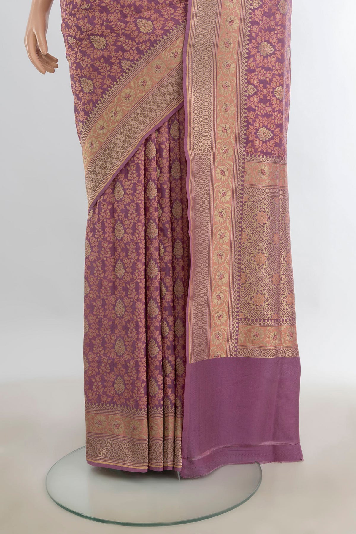 Pleats and pallu of Pure Silk Multi Color Banarasi Saree with Thread Butta on the body and Silk Border. 