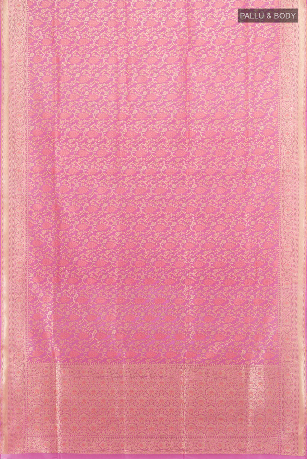 Flat view of Pure Silk Rose pink Banarasi Saree with Jacquard With Zari Butta on the body and Zari Border. 