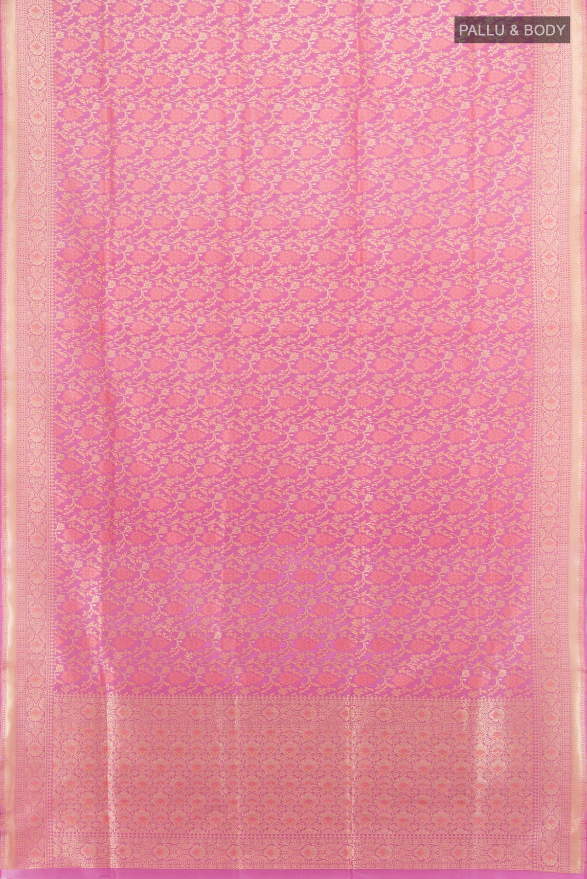 Flat view of Pure Silk Rose pink Banarasi Saree with Jacquard With Zari Butta on the body and Zari Border. 