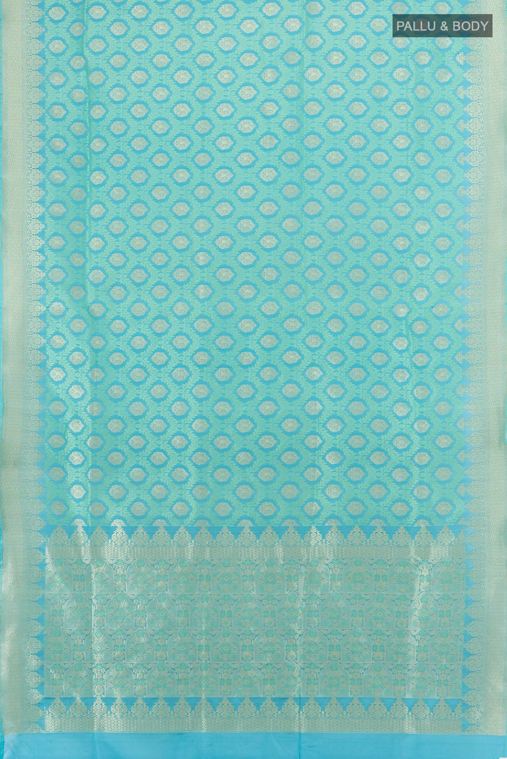 Flat view of Pure Silk Turquoise Banarasi Saree with Jacquard With Zari Butta on the body and Zari Border. 