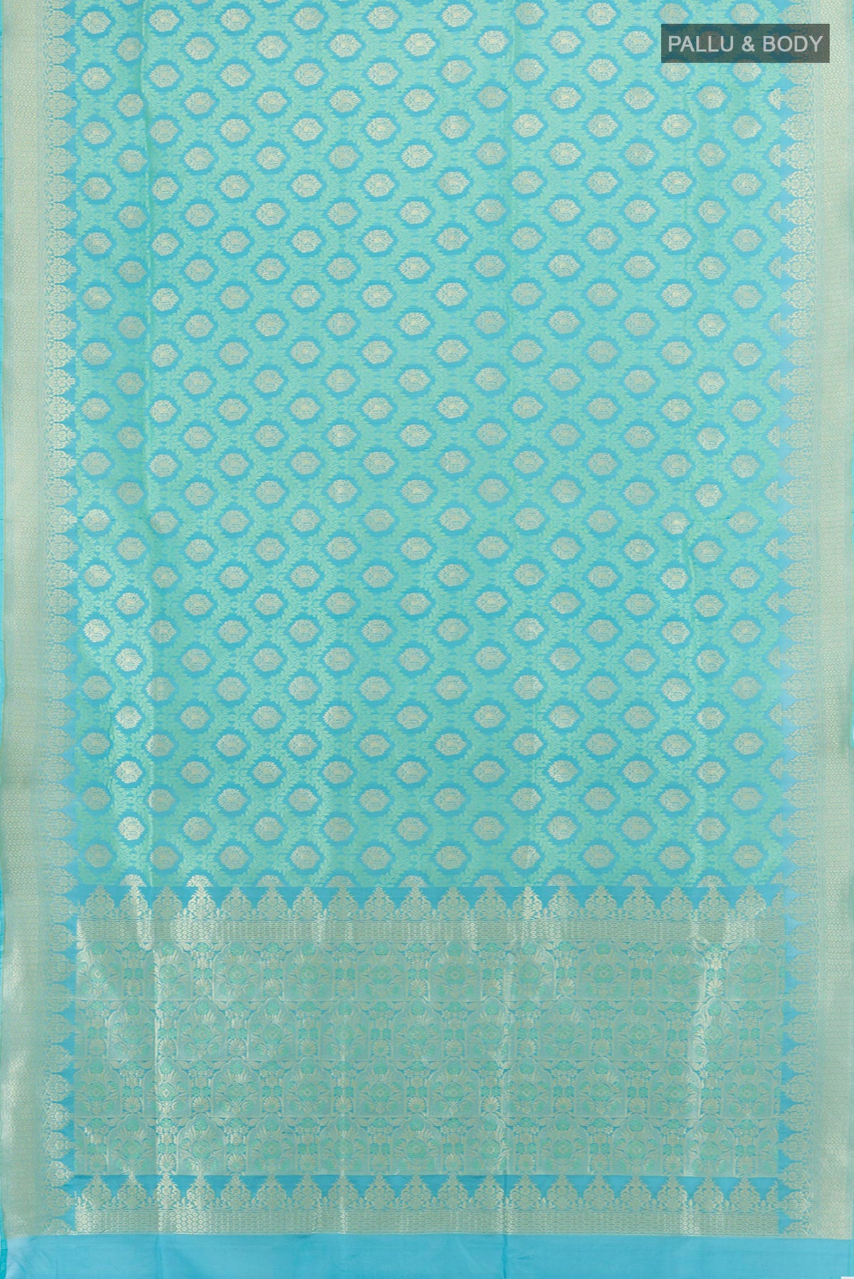 Flat view of Pure Silk Turquoise Banarasi Saree with Jacquard With Zari Butta on the body and Zari Border. 