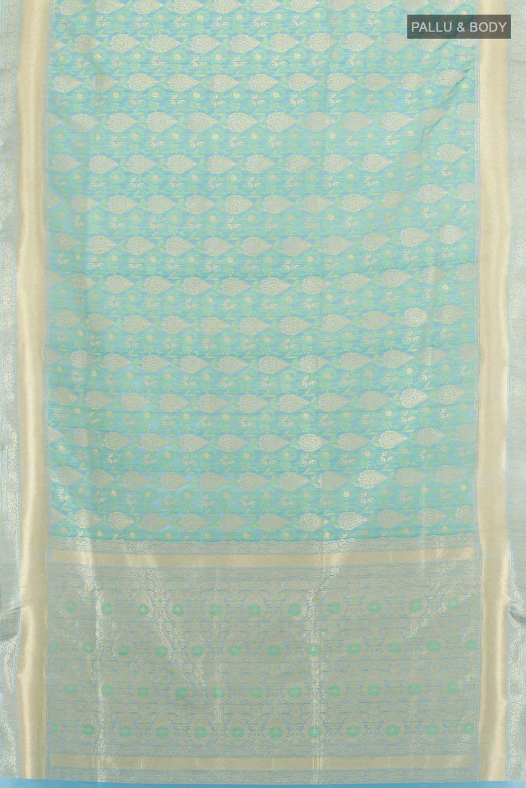 Flat view of Pure Silk Light Blue Banarasi Saree with Jacquard With Zari Butta on the body and Zari Border. 