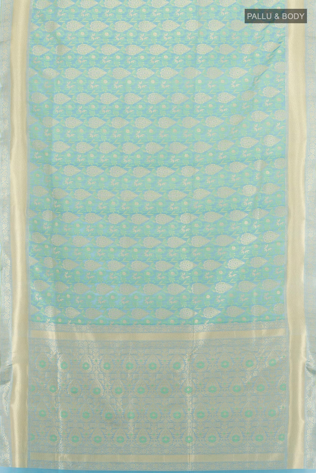 Flat view of Pure Silk Light Blue Banarasi Saree with Jacquard With Zari Butta on the body and Zari Border. 