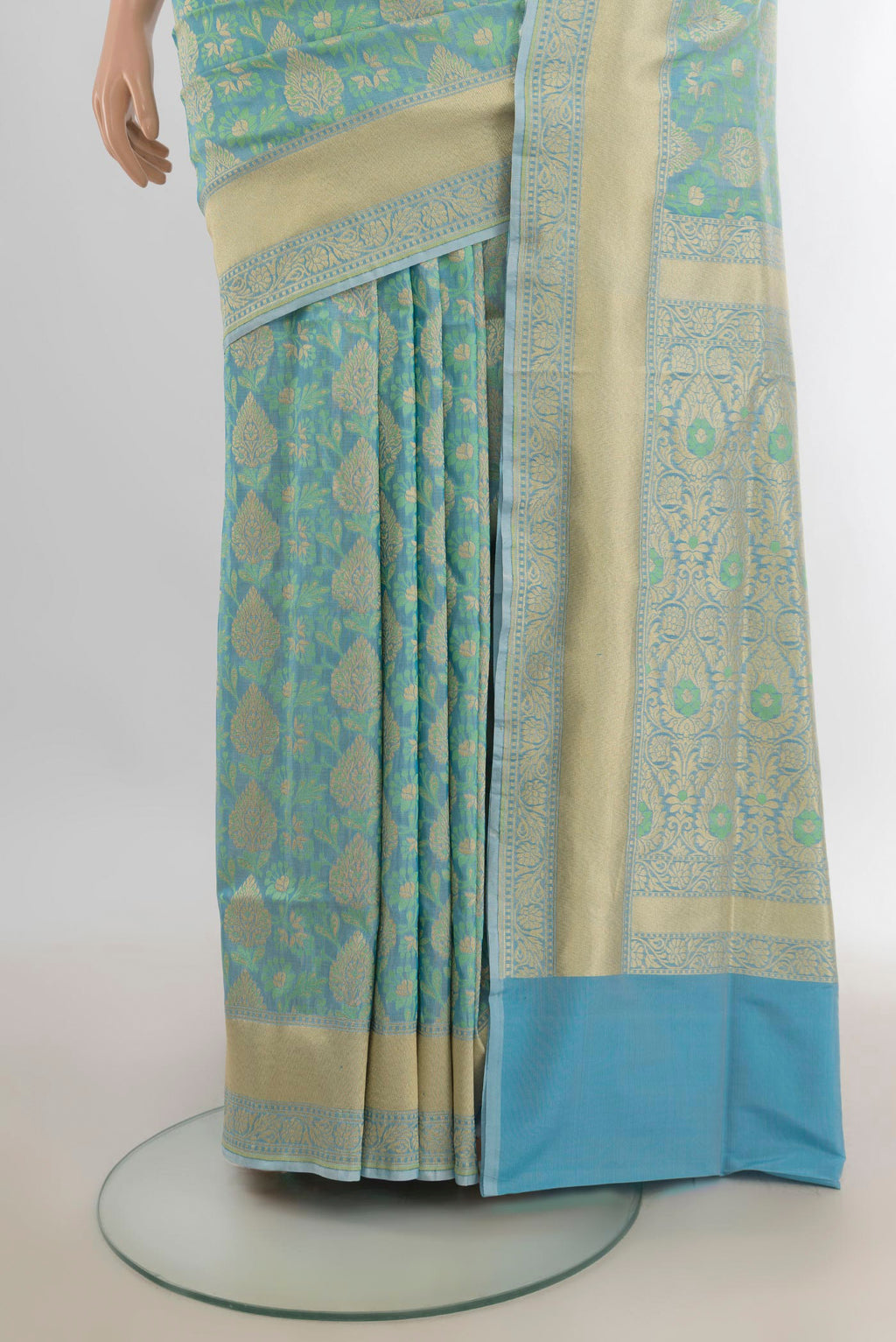 Pleats and pallu of Pure Silk Light Blue Banarasi Saree with Jacquard With Zari Butta on the body and Zari Border. 