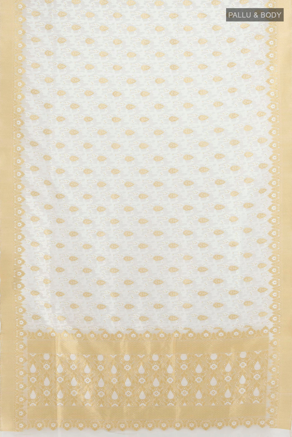 Flat view of Pure Silk Cream Banarasi Saree with Jacquard With Zari Butta on the body and Zari Border. 