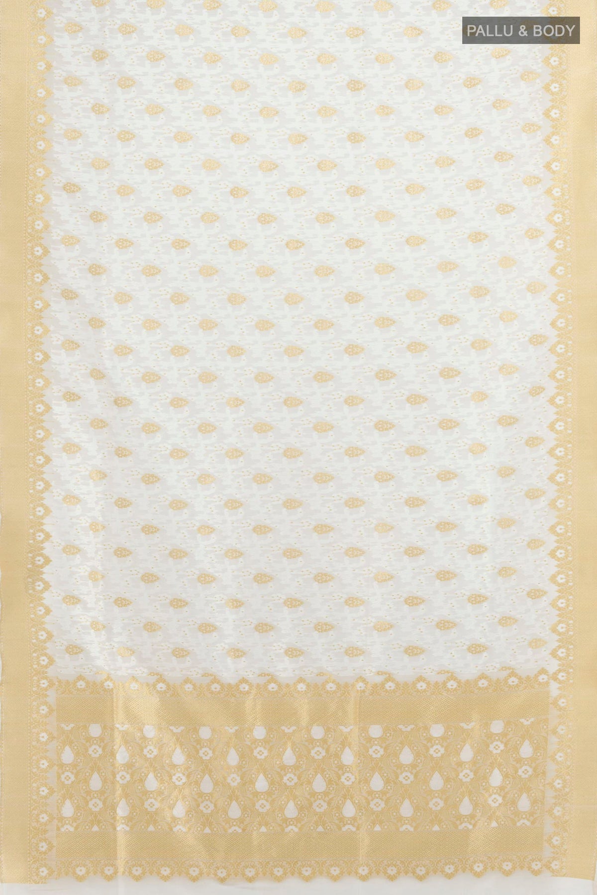Flat view of Pure Silk Cream Banarasi Saree with Jacquard With Zari Butta on the body and Zari Border. 