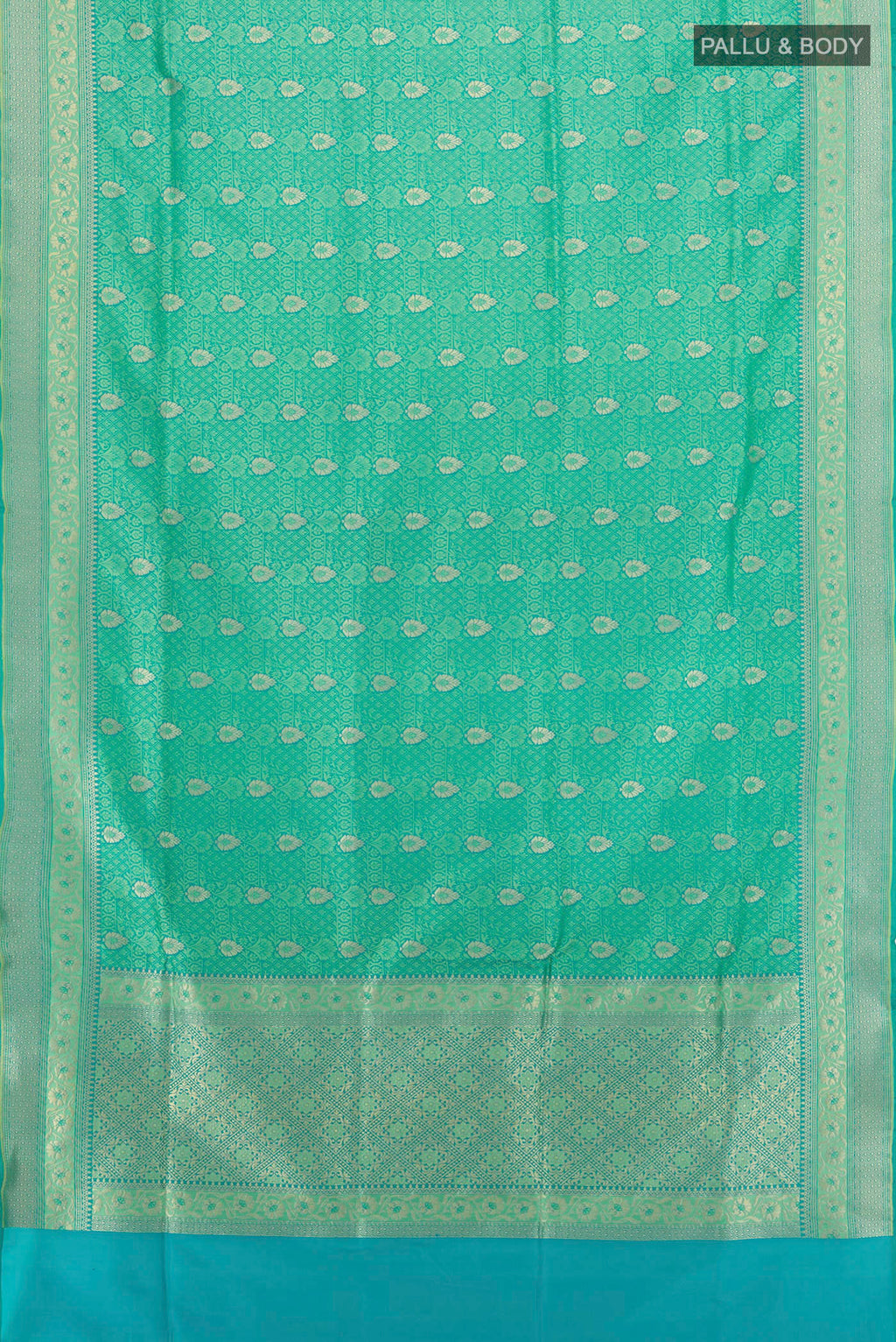 Flat view of Pure Silk Green Banarasi Saree with Jacquard With Zari Butta on the body and Zari Border. 