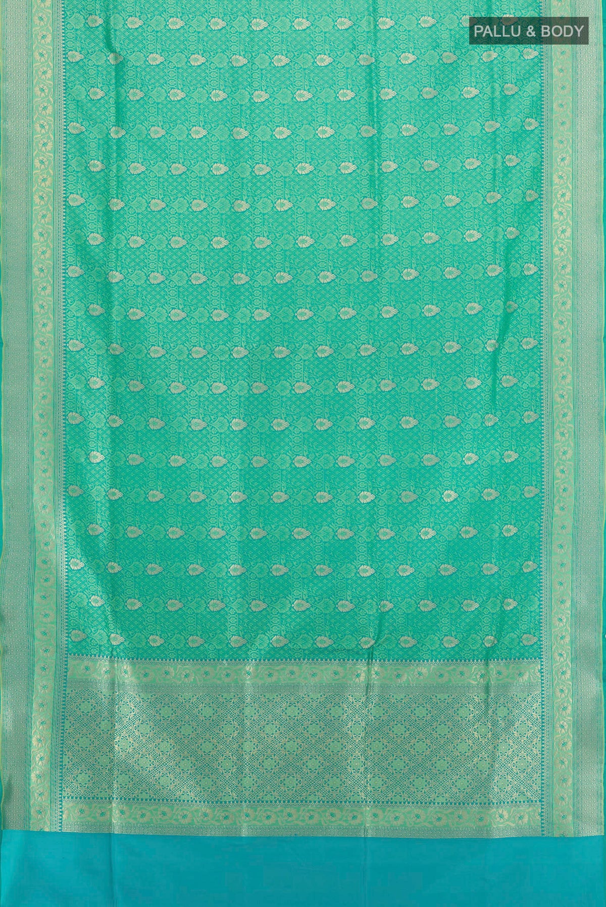 Flat view of Pure Silk Green Banarasi Saree with Jacquard With Zari Butta on the body and Zari Border. 