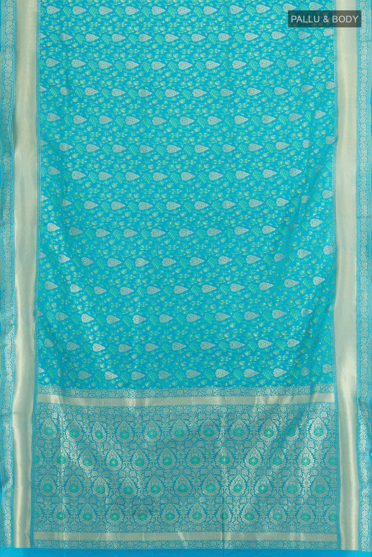 Flat view of Pure Silk Light Blue Banarasi Saree with Zari Butta on the body and Silk Border. 
