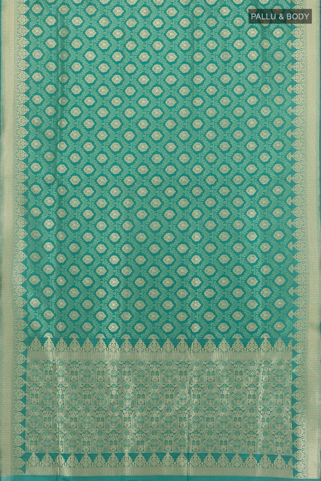 Flat view of Pure Silk Green Banarasi Saree with Jacquard With Zari Butta on the body and Zari Border. 