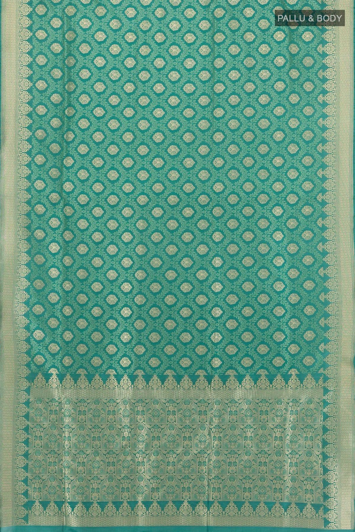 Flat view of Pure Silk Green Banarasi Saree with Jacquard With Zari Butta on the body and Zari Border. 