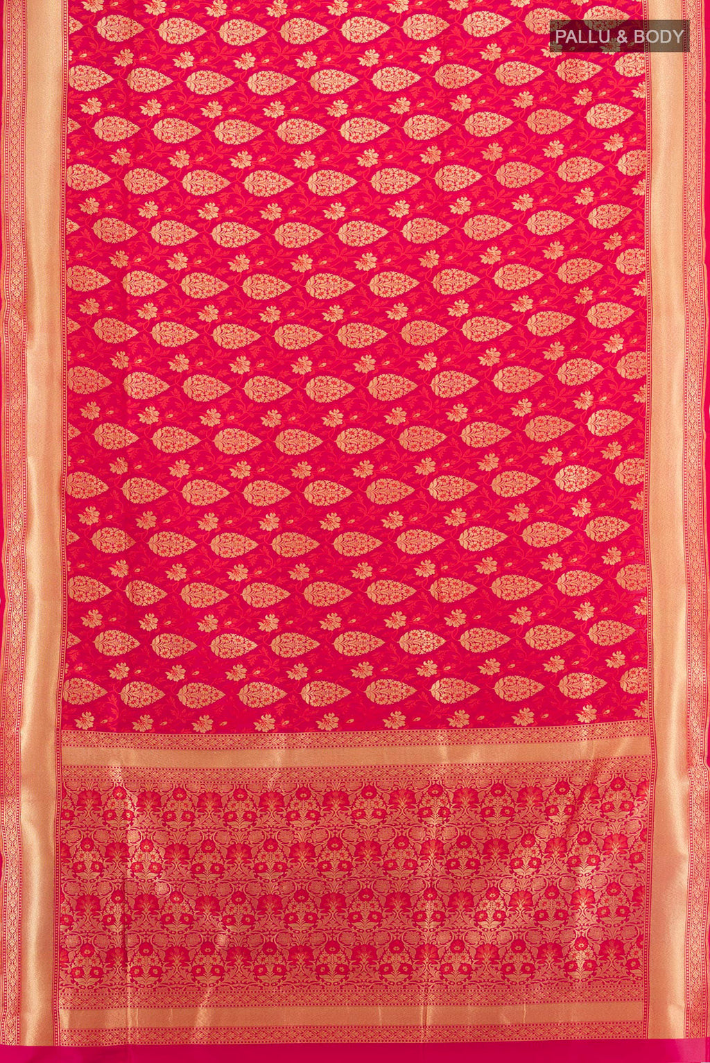 Flat view of Pure Silk Dark Pink Banarasi Saree with Jacquard With Zari Butta on the body and Zari Border. 