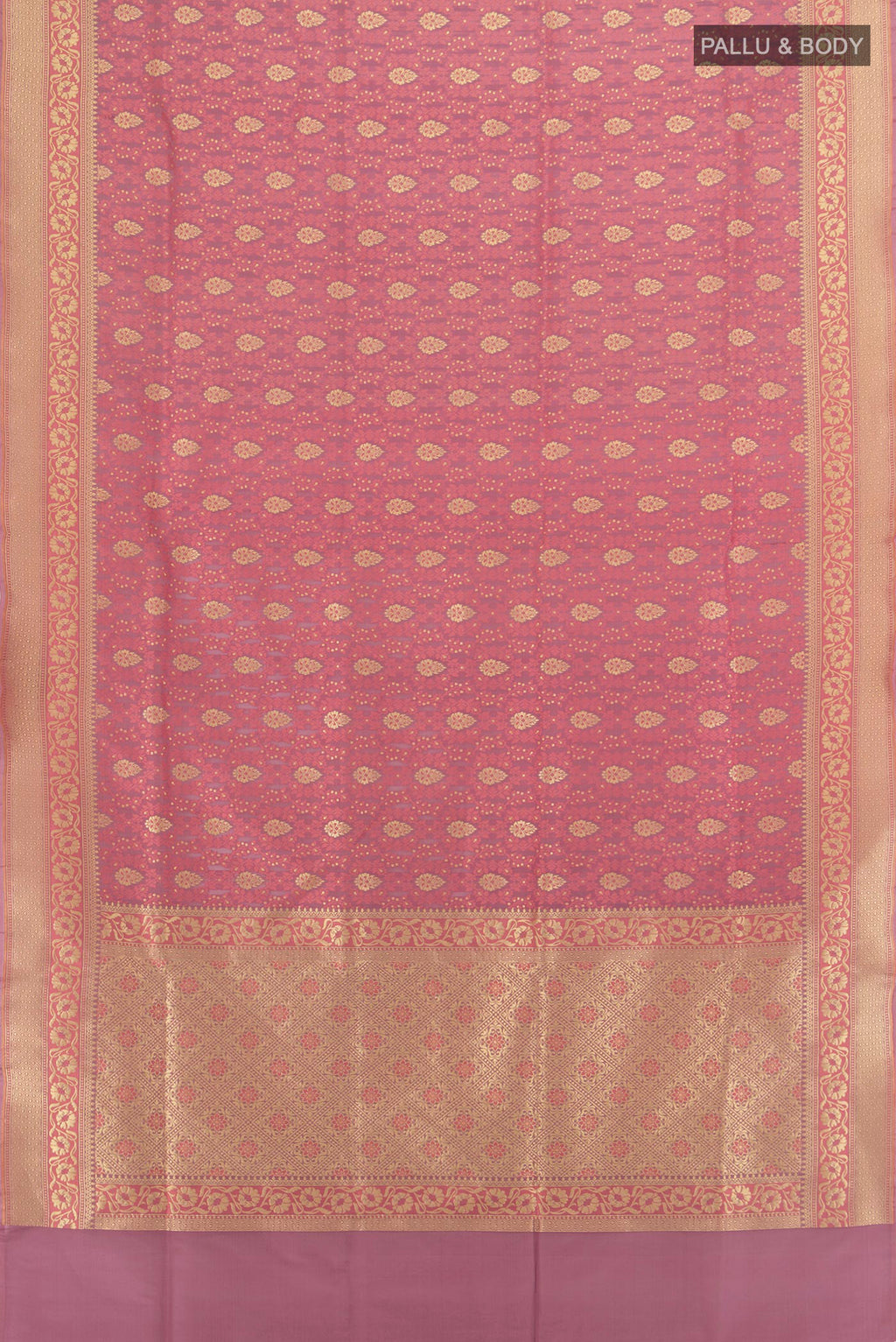 Flat view of Pure Silk Rose Gold Banarasi Saree with Zari And Thread Butta on the body and Zari Border. 