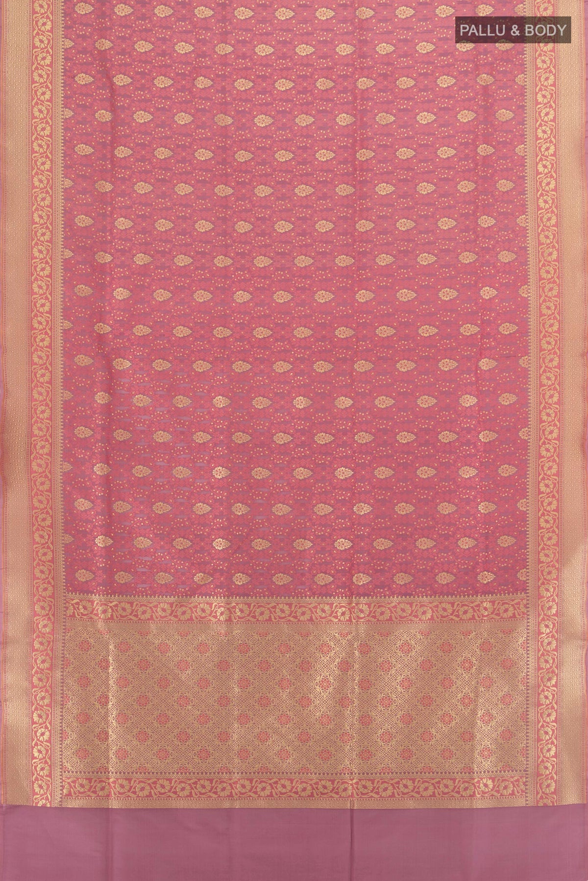 Flat view of Pure Silk Rose Gold Banarasi Saree with Zari And Thread Butta on the body and Zari Border. 