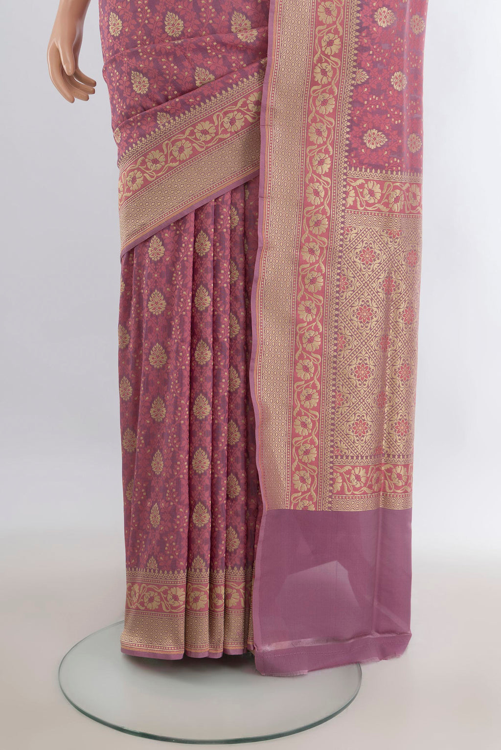 Pleats and pallu of Pure Silk Rose Gold Banarasi Saree with Zari And Thread Butta on the body and Zari Border. 