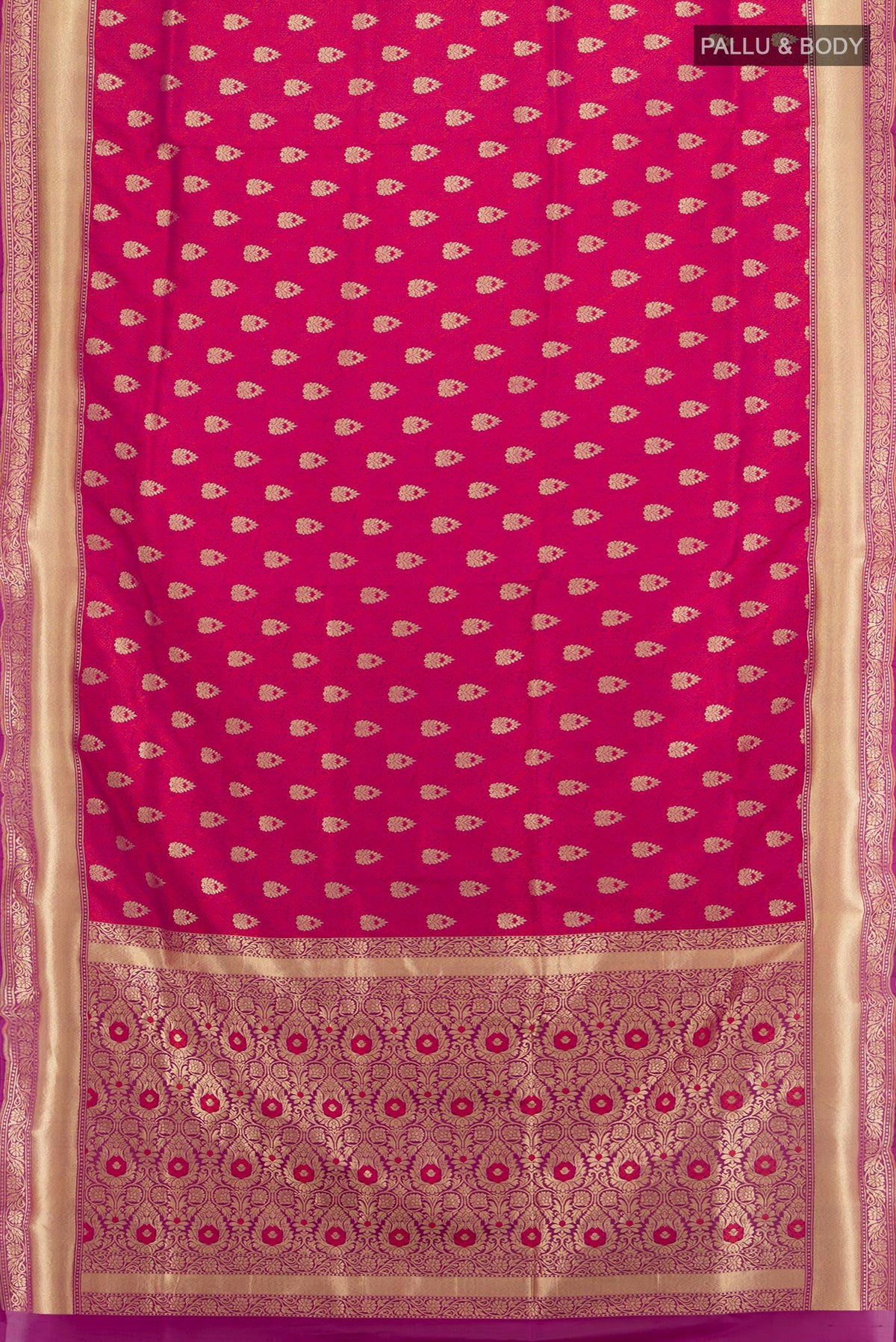 Flat view of Pure Silk Magenta Banarasi Saree with Jacquard With Zari Butta on the body and Zari Border. 