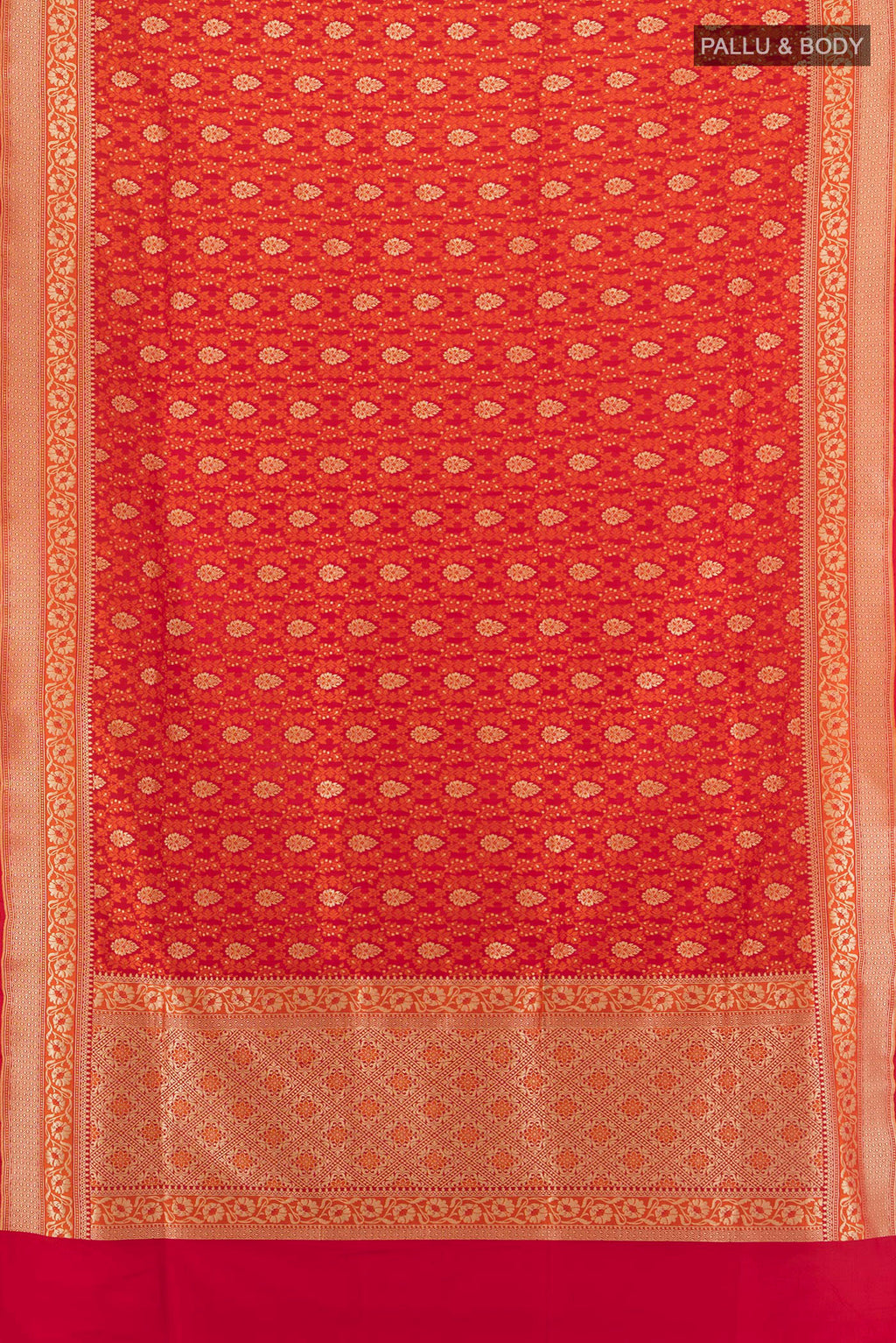 Flat view of Pure Silk Red Banarasi Saree with Jacquard With Zari Butta on the body and Zari Border. 