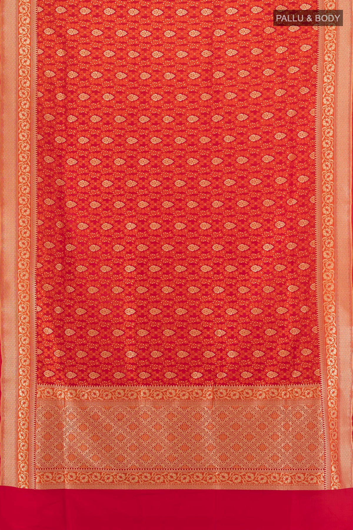 Flat view of Pure Silk Red Banarasi Saree with Jacquard With Zari Butta on the body and Zari Border. 