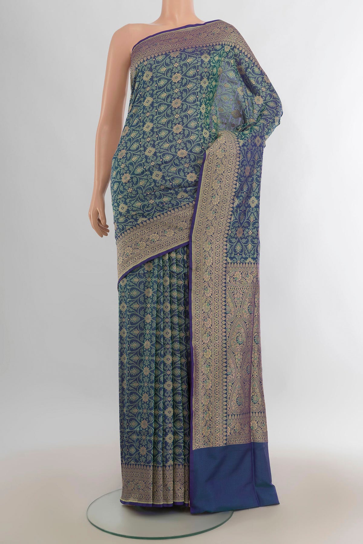 Pure Silk Multi Color Banarasi Saree with Jacquard With Zari Butta on the body and Zari Border.  displayed on a mannequin