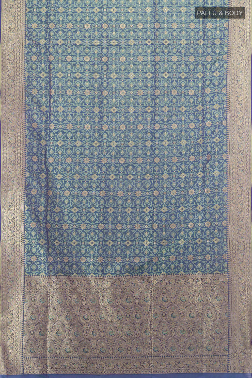 Flat view of Pure Silk Multi Color Banarasi Saree with Jacquard With Zari Butta on the body and Zari Border. 
