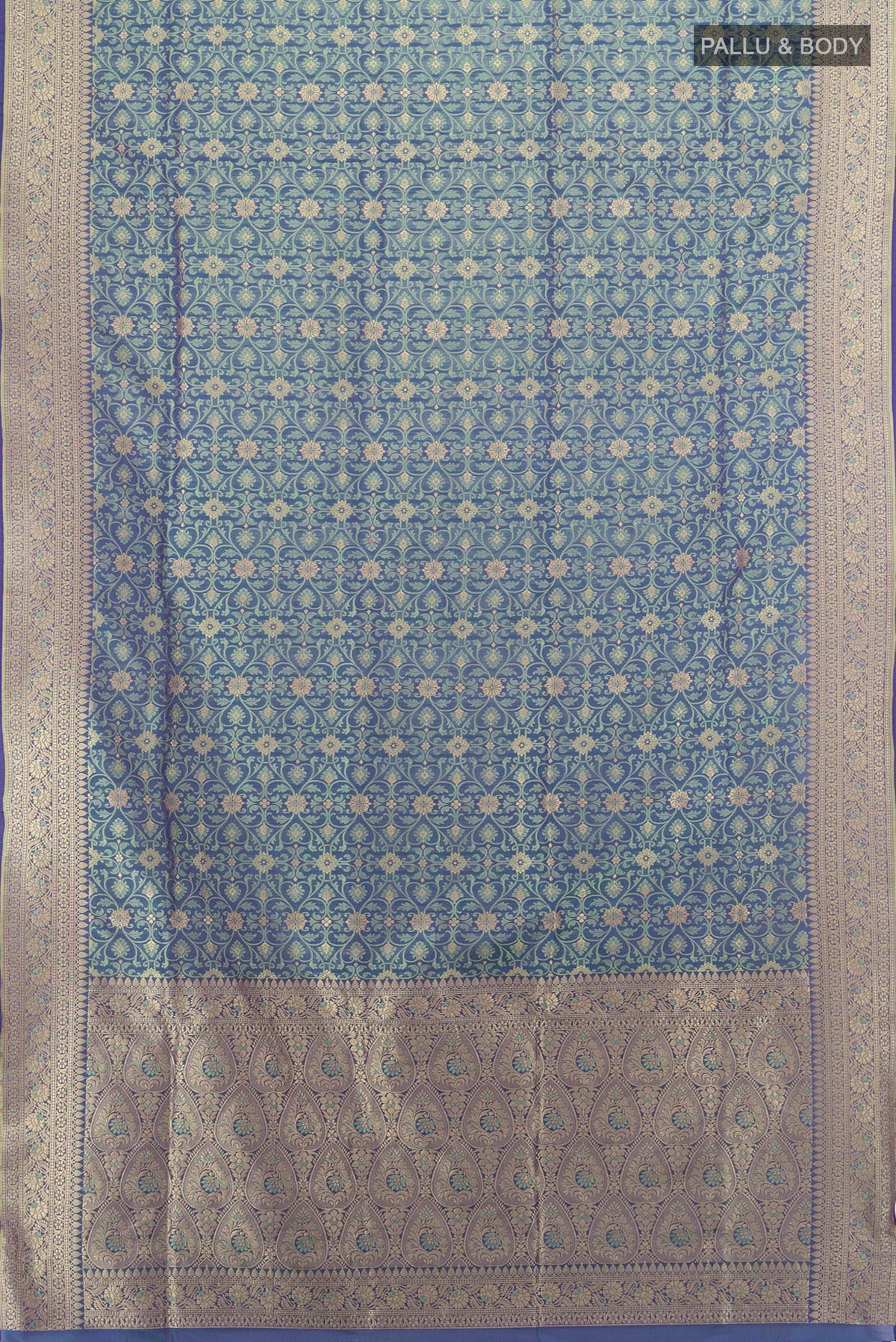 Flat view of Pure Silk Multi Color Banarasi Saree with Jacquard With Zari Butta on the body and Zari Border. 