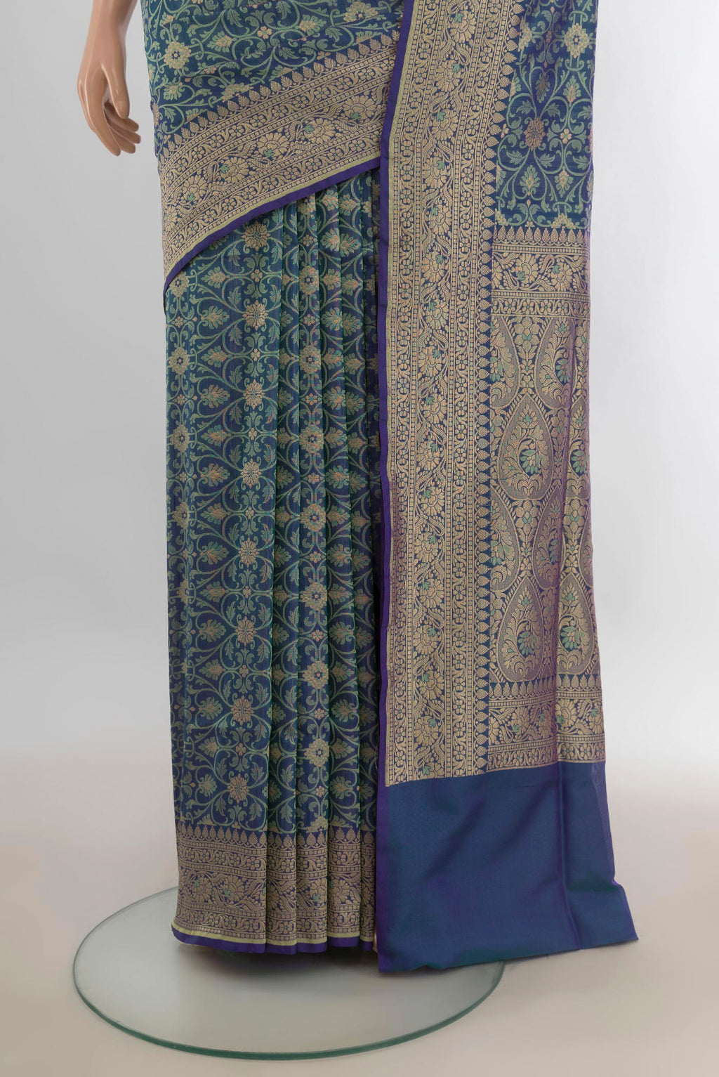 Pleats and pallu of Pure Silk Multi Color Banarasi Saree with Jacquard With Zari Butta on the body and Zari Border. 
