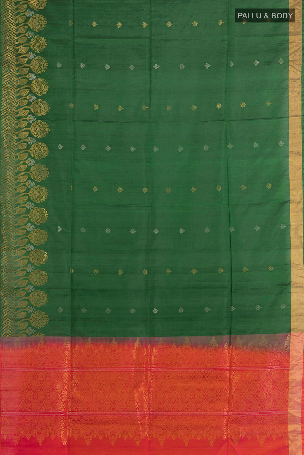 Flat view of Pure Silk Bottle Green Soft Saree with Zari Butta on the body and Zari Border. 