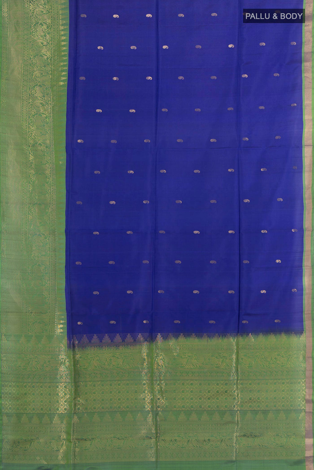 Flat view of Pure Silk Royal Blue Soft Saree with Zari Butta on the body and Fancy Border. 