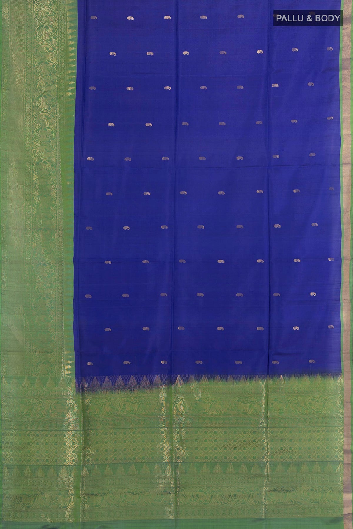 Flat view of Pure Silk Royal Blue Soft Saree with Zari Butta on the body and Fancy Border. 
