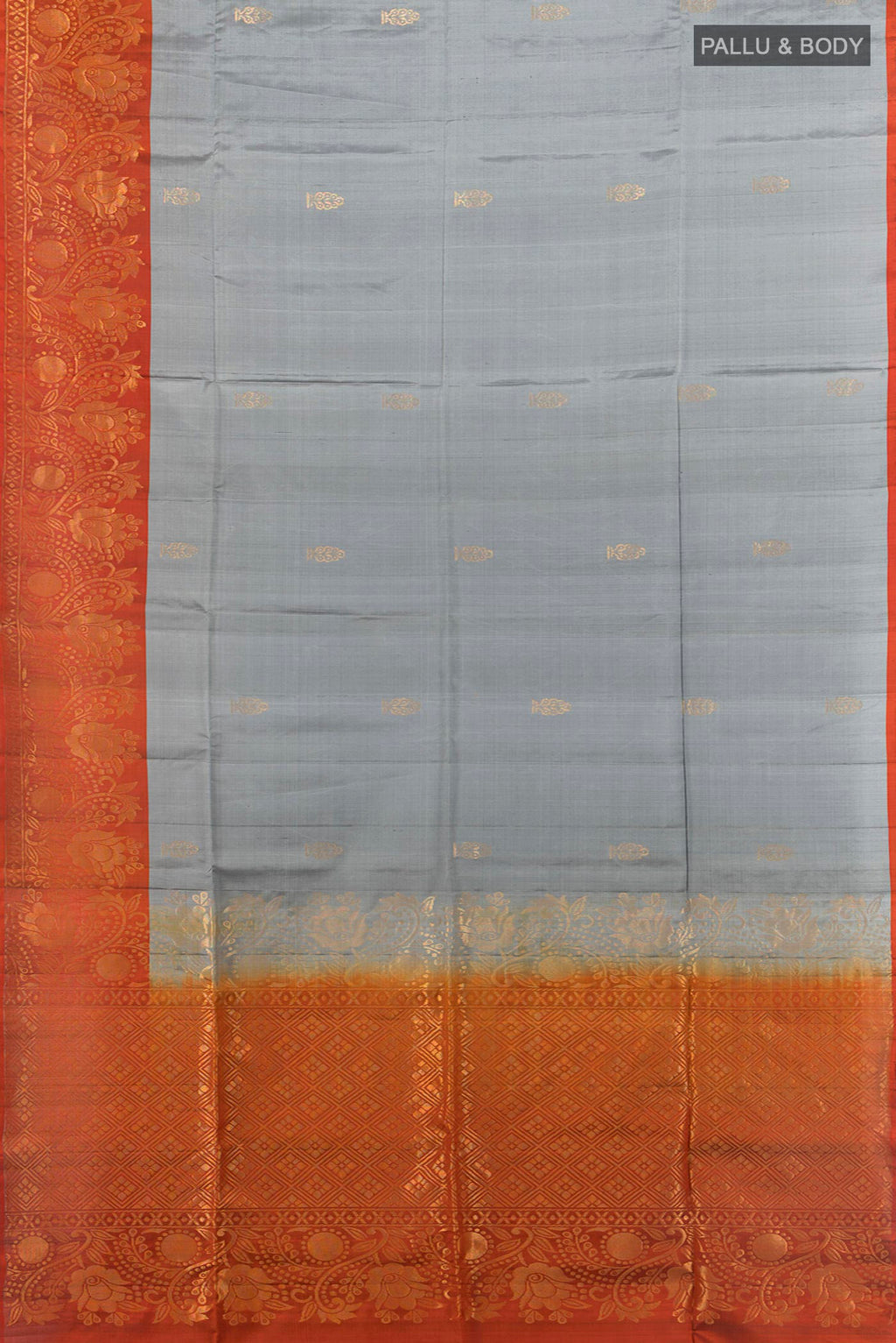 Flat view of Pure Silk Davys Grey Soft Saree with Zari Butta on the body and Fancy Border. 