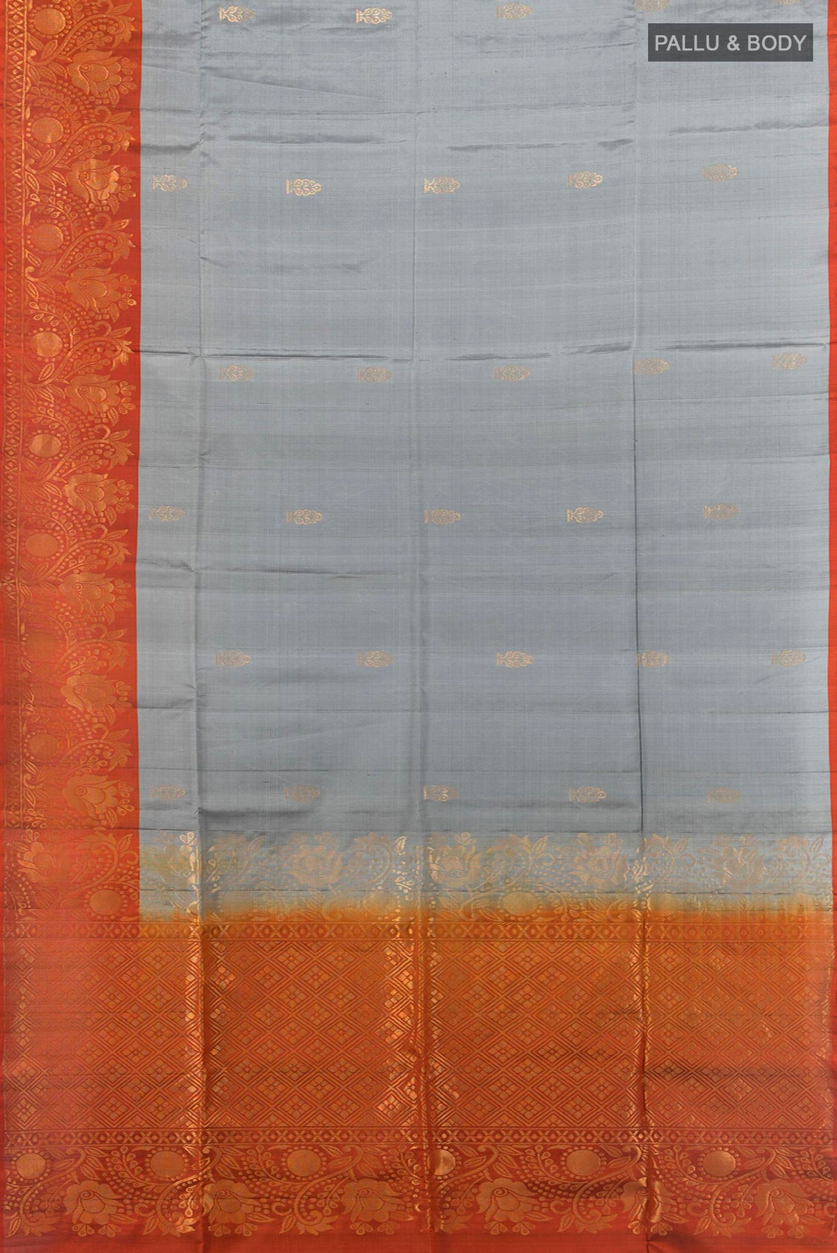 Flat view of Pure Silk Davys Grey Soft Saree with Zari Butta on the body and Fancy Border. 